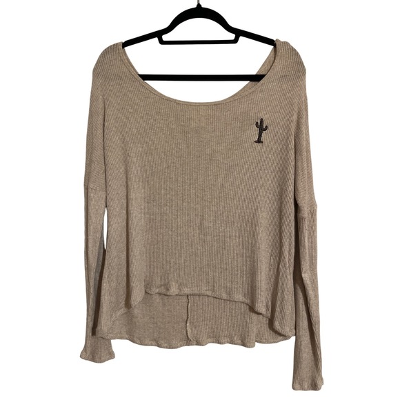 Y2K Wet Seal Beige Ribbed Knit Top Long Sleeve Cactus Casual Comfy Shirt - Picture 1 of 7